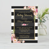 Baby shower Classy Floral Gold Black White Stripes Kaart (Staand voorkant)