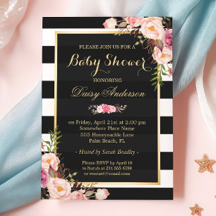 Baby shower Classy Floral Gold Black White Stripes Kaart