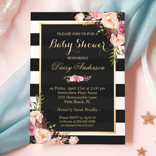 Baby shower Classy Floral Gold Black White Stripes Kaart