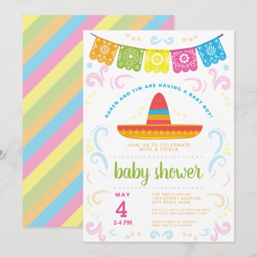 Baby shower Colorful May FIESTA-uitnodiging Kaart (Voorkant / Achterkant)