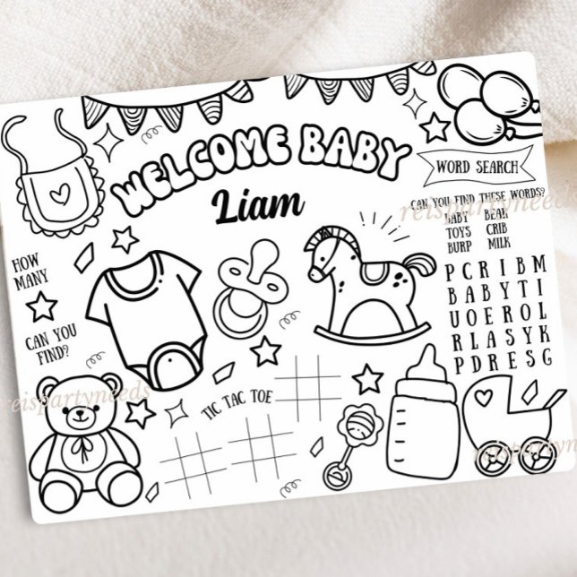Baby Shower Coloring Placemat Games Activity Page (Personalized Baby Shower Activity Fun Kids Coloring Page Gender Reveal Party Coloring Sheet Oh Baby )