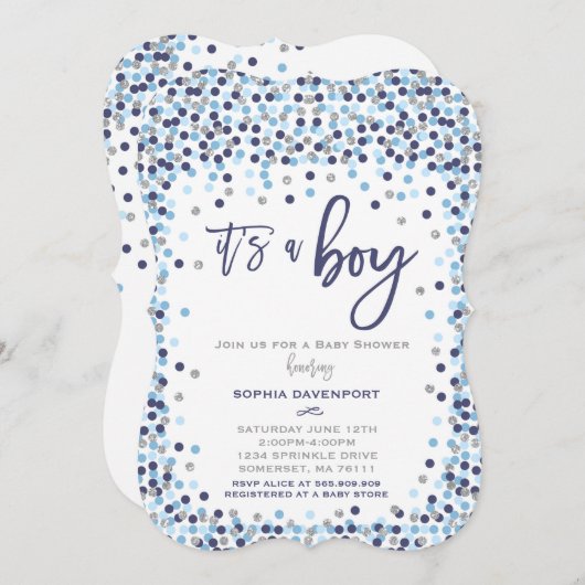 baby shower Confetti Invitation Blue en Silver Kaart (Voorkant / Achterkant)