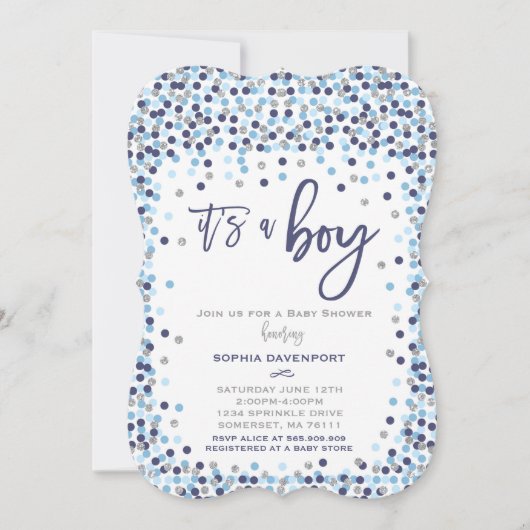 baby shower Confetti Invitation Blue en Silver Kaart (Voorkant)