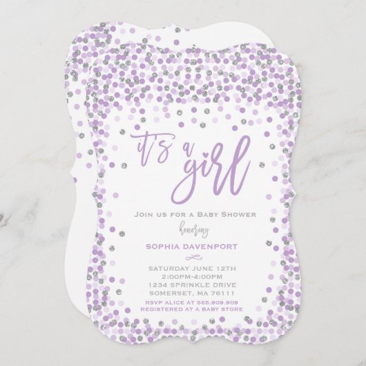 Baby shower Confetti Invitation Lavendel & Silver Kaart (Voorkant / Achterkant)