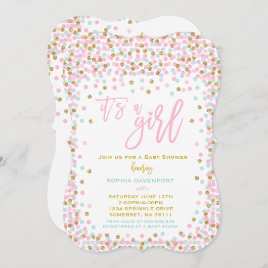 baby shower Confetti Invitation roze Munt and Gold Kaart (Voorkant / Achterkant)