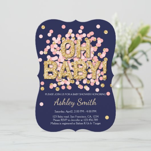 baby shower Confetti Pink Gold Navy Kaart (Staand voorkant)