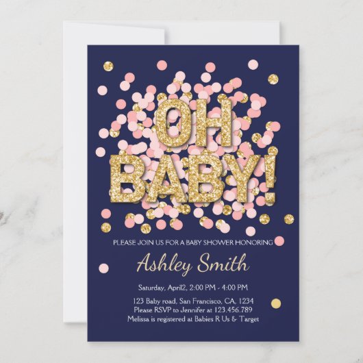 Baby shower Confetti Pink Gold Navy Uitnodiging (Voorkant)