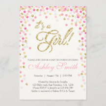 Baby shower Confetti Roze Gouden Glitteruitnodigin