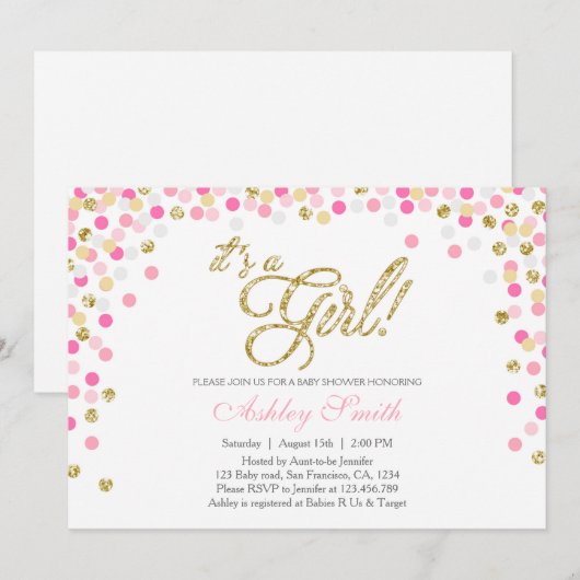 Baby shower Confetti Roze Gouden Glitteruitnodigin Kaart (Voorkant / Achterkant)