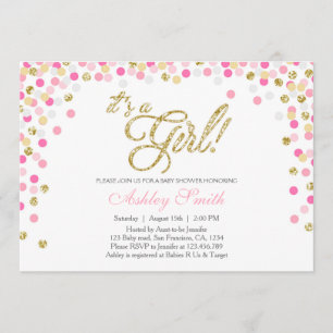 Baby shower Confetti Roze Gouden Glitteruitnodigin Kaart