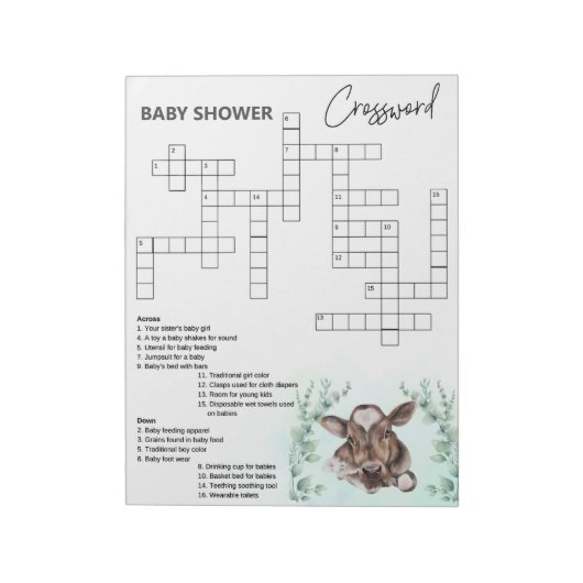Baby shower Crossword Koe Calf Game Notitieblok (Linkerzijde)