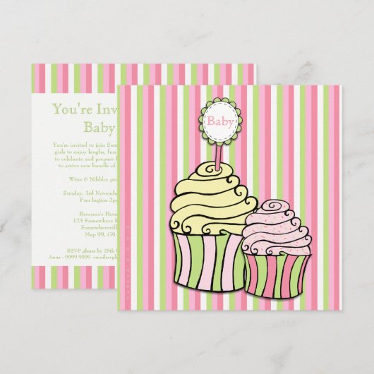 Baby shower Cupcake Parlor Striped Invitation Kaart (Voorkant / Achterkant)