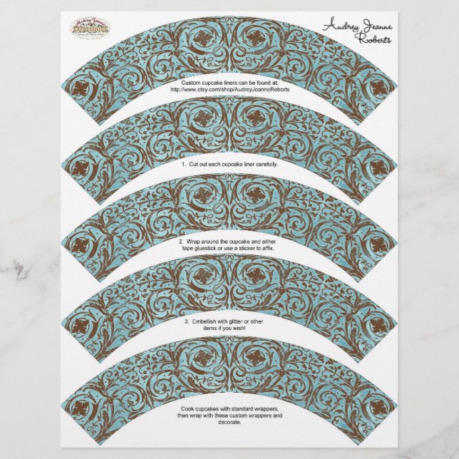 Baby shower Cupcake Wrappers - Blue Brown Damask (Voorkant)
