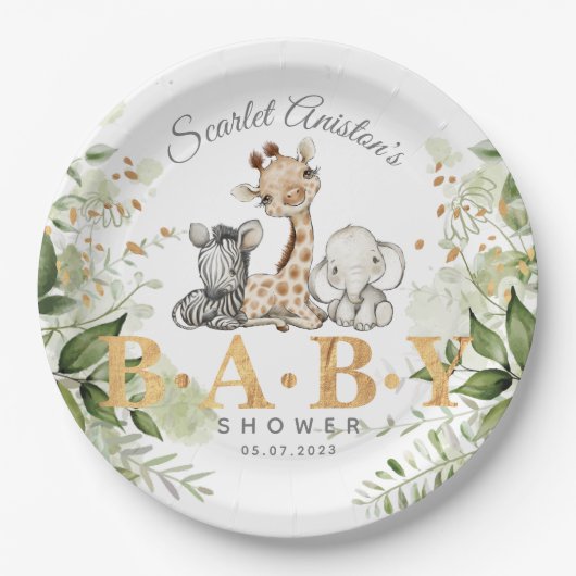 Baby shower Cute African Animals Greenery Papieren Bordje (Voorkant)