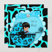 Baby shower Cute Baby Blue Leopard Pram Kaart (Voorkant / Achterkant)