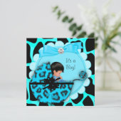 Baby shower Cute Baby Blue Leopard Pram Kaart (Staand voorkant)