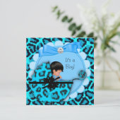 Baby shower Cute Baby Blue Leopard Pram Kaart (Staand voorkant)