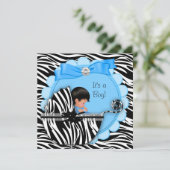 Baby shower Cute Baby Blue Zebra Pram Kaart (Staand voorkant)