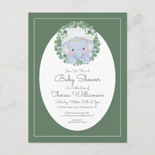 Baby Shower | Cute Baby Elephant Invitation Postca Briefkaart (Voorkant)