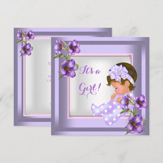  Baby shower Cute Baby Girl Paarse Floral Kaart (Voorkant / Achterkant)