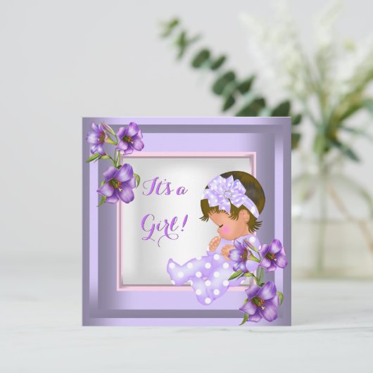  Baby shower Cute Baby Girl Paarse Floral Kaart (Staand voorkant)