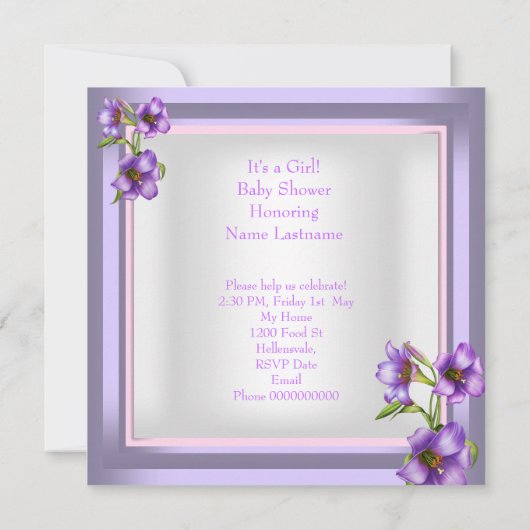  Baby shower Cute Baby Girl Paarse Floral Kaart (Achterkant)