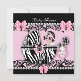 Baby shower Cute Baby Girl Pink Zebra Lace 2 Kaart
