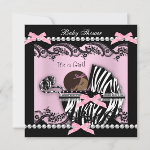 Baby shower Cute Baby Girl Pink Zebra Lace Kaart