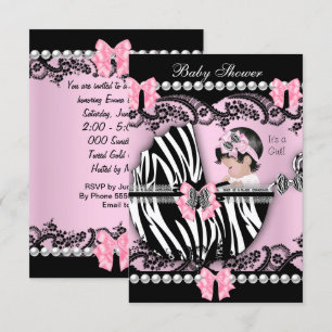 Baby shower Cute Baby Girl Pink Zebra Lace Kaart