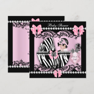 Baby shower Cute Baby Girl Pink Zebra Lace Kaart