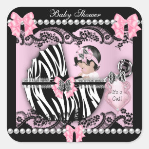 Baby shower Cute Baby Girl Pink Zebra Lace Vierkante Sticker