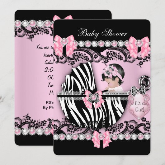 Baby shower Cute Baby Girl Pink Zebra Pearls Kaart (Voorkant / Achterkant)