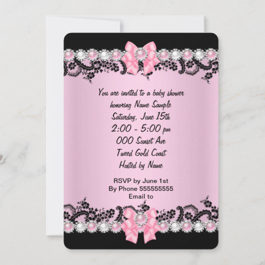 Baby shower Cute Baby Girl Pink Zebra Pearls Kaart (Achterkant)