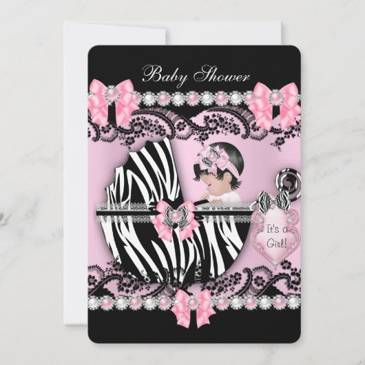 Baby shower Cute Baby Girl Pink Zebra Pearls Kaart (Voorkant)
