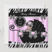 Baby shower Cute Baby Girl Pink Zebra Pram Kaart (Voorkant)