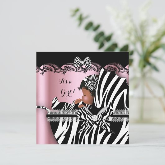 Baby shower Cute Baby Girl Pink Zebra Pram Kaart (Staand voorkant)
