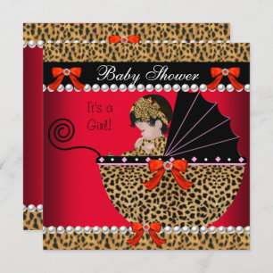 Baby shower Cute Baby Girl Red Leopard Bow Kaart