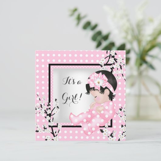 Baby shower Cute Baby Girl Roze bloespot C Kaart (Staand voorkant)