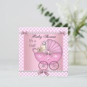 Baby shower Cute Baby Girl Roze Check Pram Kaart (Staand voorkant)