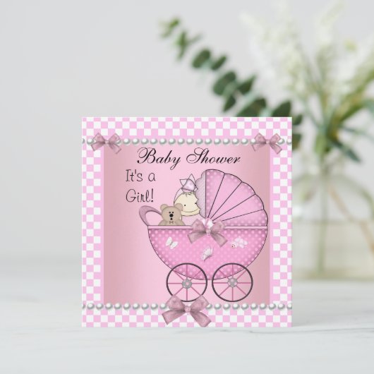 Baby shower Cute Baby Girl Roze Check Pram Kaart (Staand voorkant)