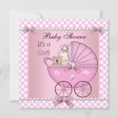 Baby shower Cute Baby Girl Roze Check Pram Kaart (Voorkant)