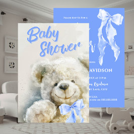 Baby Shower Cute Bear Blue Ribbon  Kaart