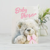 Baby Shower Cute Bear Pink Ribbon  Kaart (Staand voorkant)