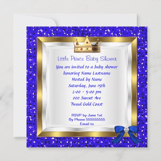 Baby shower Cute Boy Prince Royal Blue Crown Kaart (Achterkant)