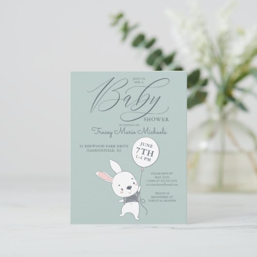 BABY SHOWER | Cute Bunny & Balloon-Briefkaart Briefkaart (Staand voorkant)