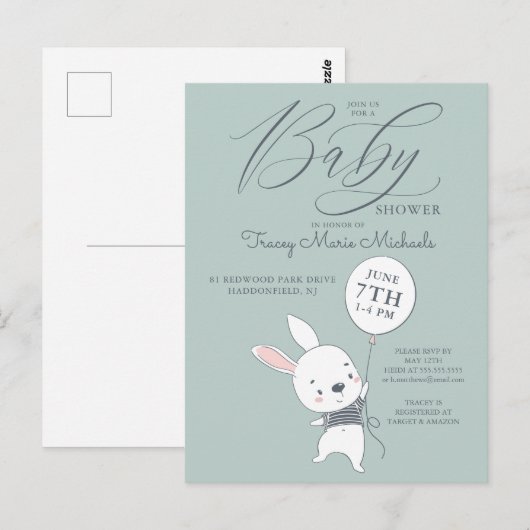 BABY SHOWER | Cute Bunny & Balloon-Briefkaart Briefkaart (Voorkant / Achterkant)