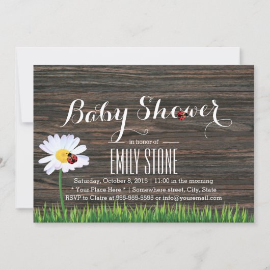 Baby shower Cute Daisy & Ladybugs Elegant Wood Kaart (Voorkant)