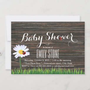 Baby shower Cute Daisy & Ladybugs Elegant Wood Kaart