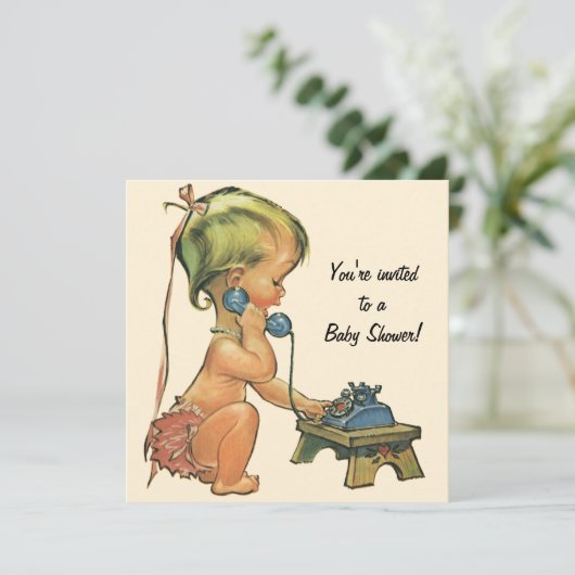  Baby shower, Cute Girl over telefonische uitnodig Kaart (Staand voorkant)