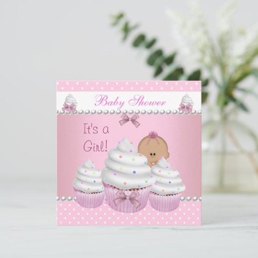 Baby shower Cute Girl Pink Cupcake Sprinkle Kaart (Staand voorkant)